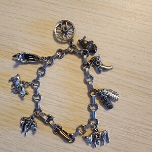 Wyoming Charm Bracelet Western Themed Nickel & Sterling Silver Charms Cowboy